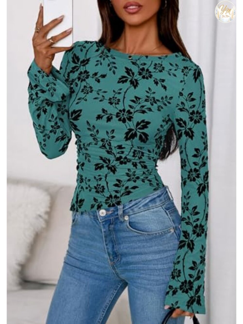 Women's Floral Mesh Boho Bell Sleeve Blouse Boat Neck Ruched Top - Picture 2 of 6